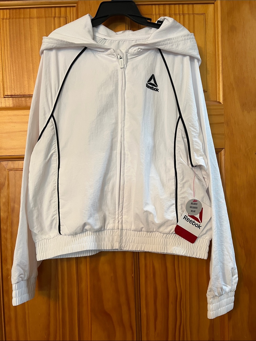 Hooded Full Zip Windbreaker Jacket with Black Piping, 2 pockets, lined hood